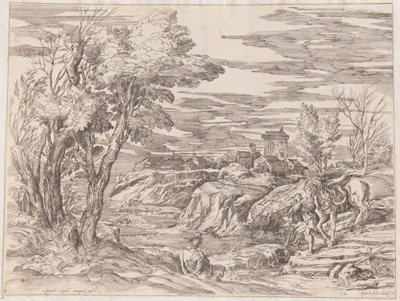 Titian etching from 1682 Landscape, boy leading horse to water, town in background